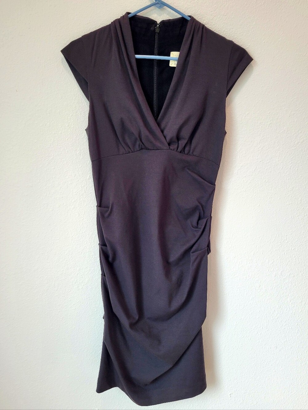 Artelier Nicole Miller Women M Little Black Dress Ruched Midi Wrap Neck Stretch